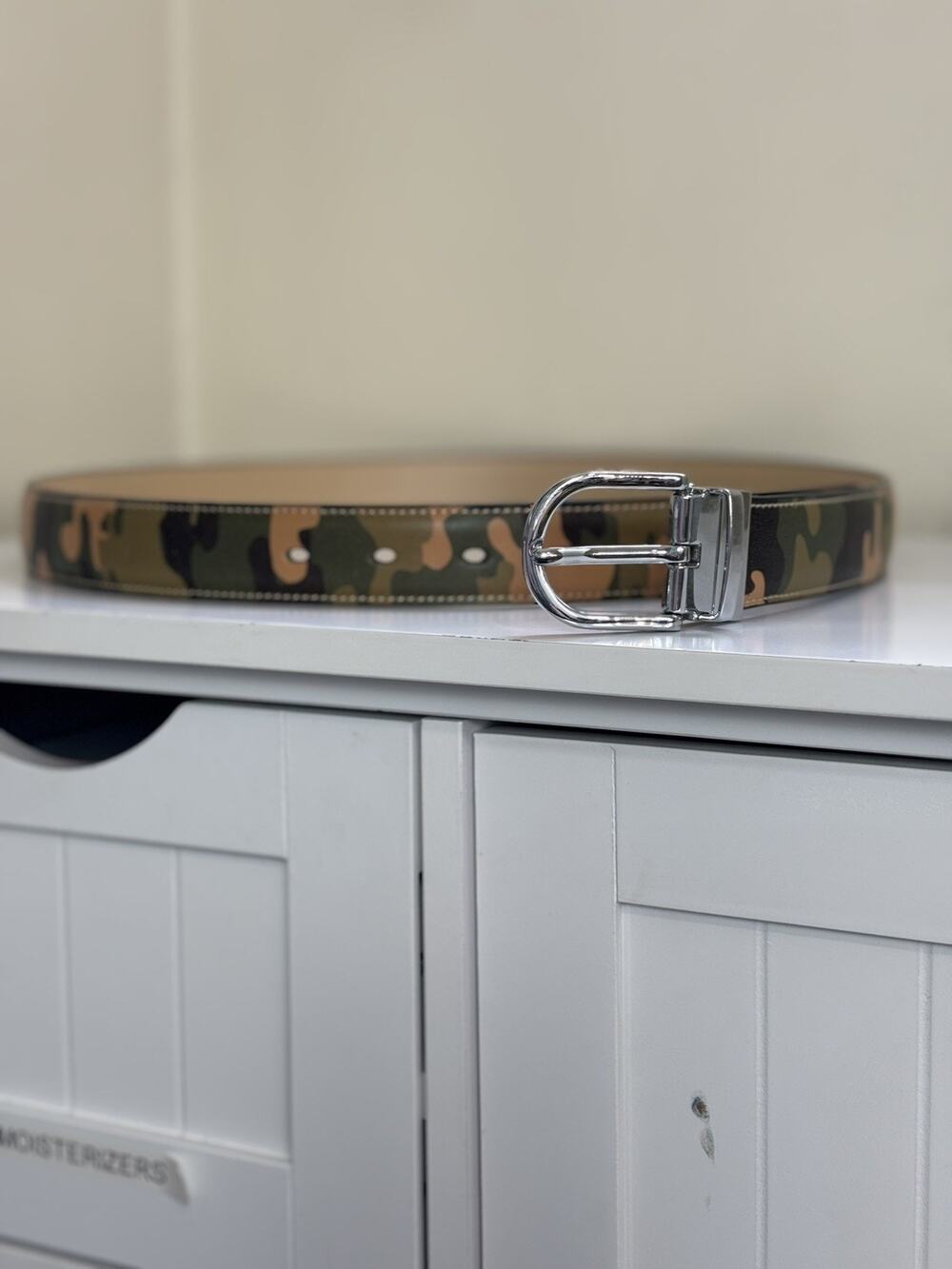 Falari Men’s Green Camo Print Genuine Leather Belt Size 34-36 Silver Buckle